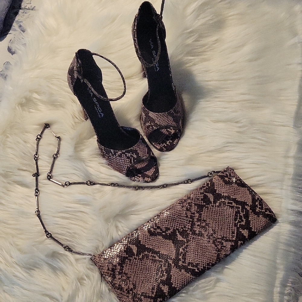 Via Spiga Snakeskin Heels and Clutch EUC